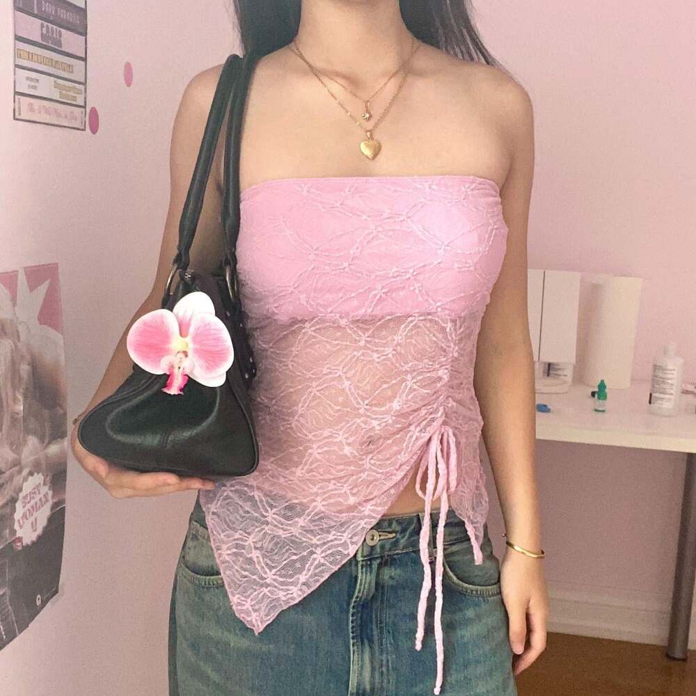 y2k BNWT pink lace strapless tube top, see you monday